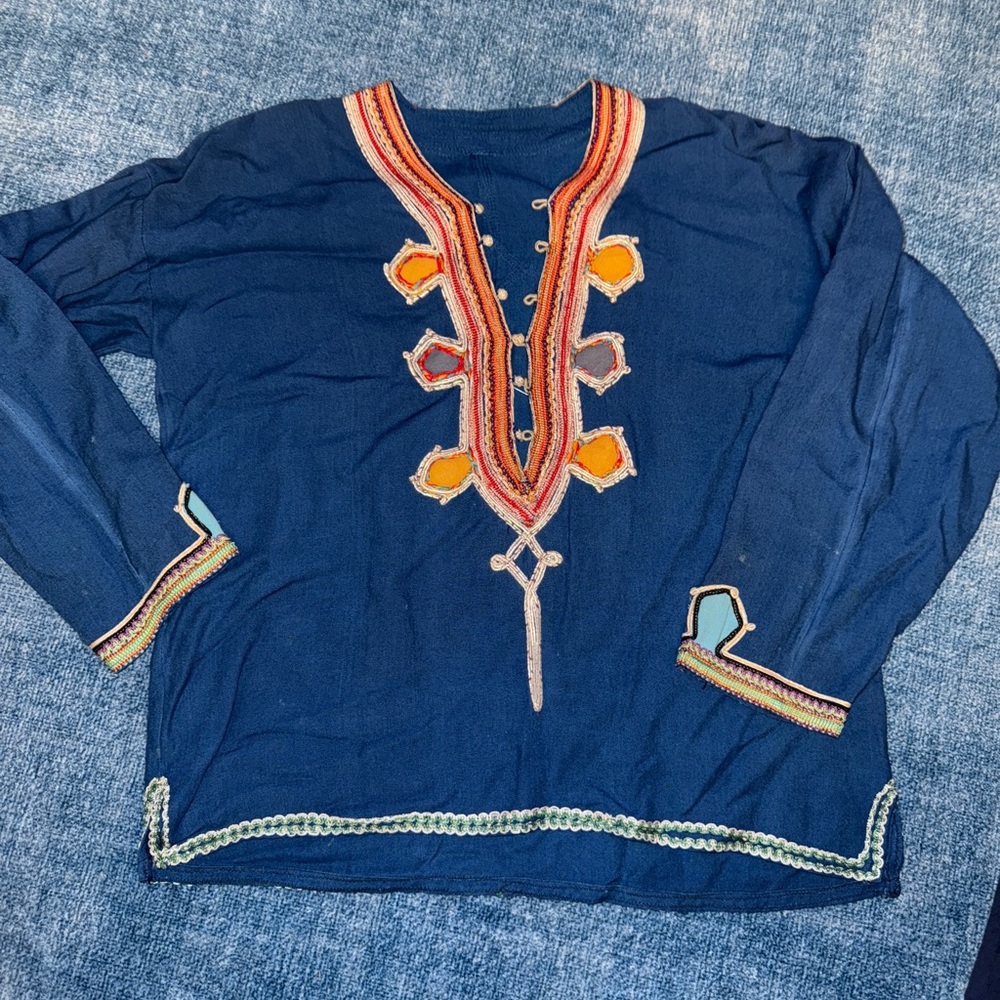 Embroidered Navy Blue Tunic with Orange Accents